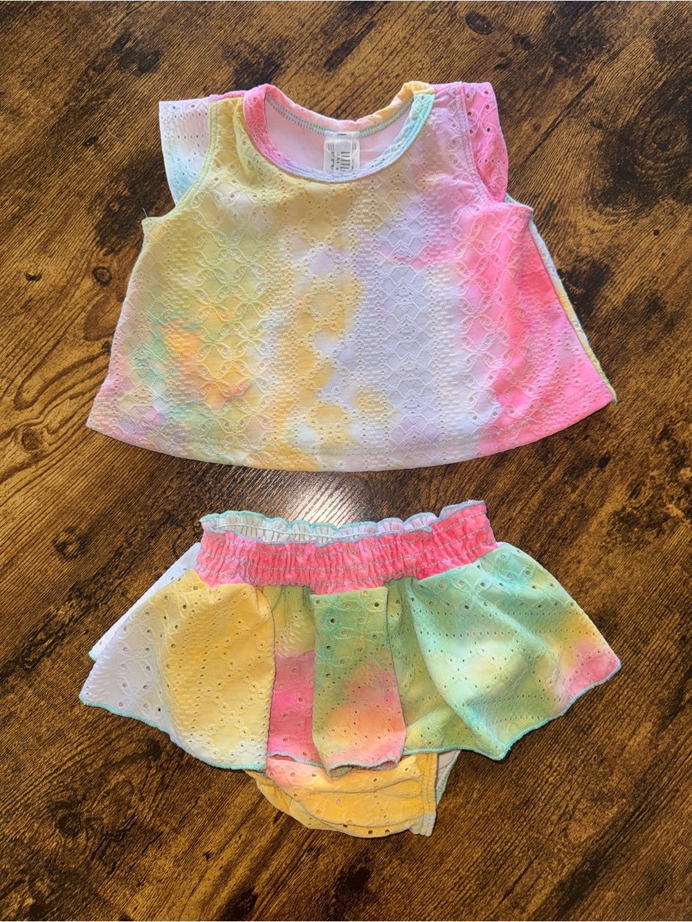 Little Mass Pastel Tie-Dye Eyelet Two-Piece swim Set - Pink, Yellow & Mint